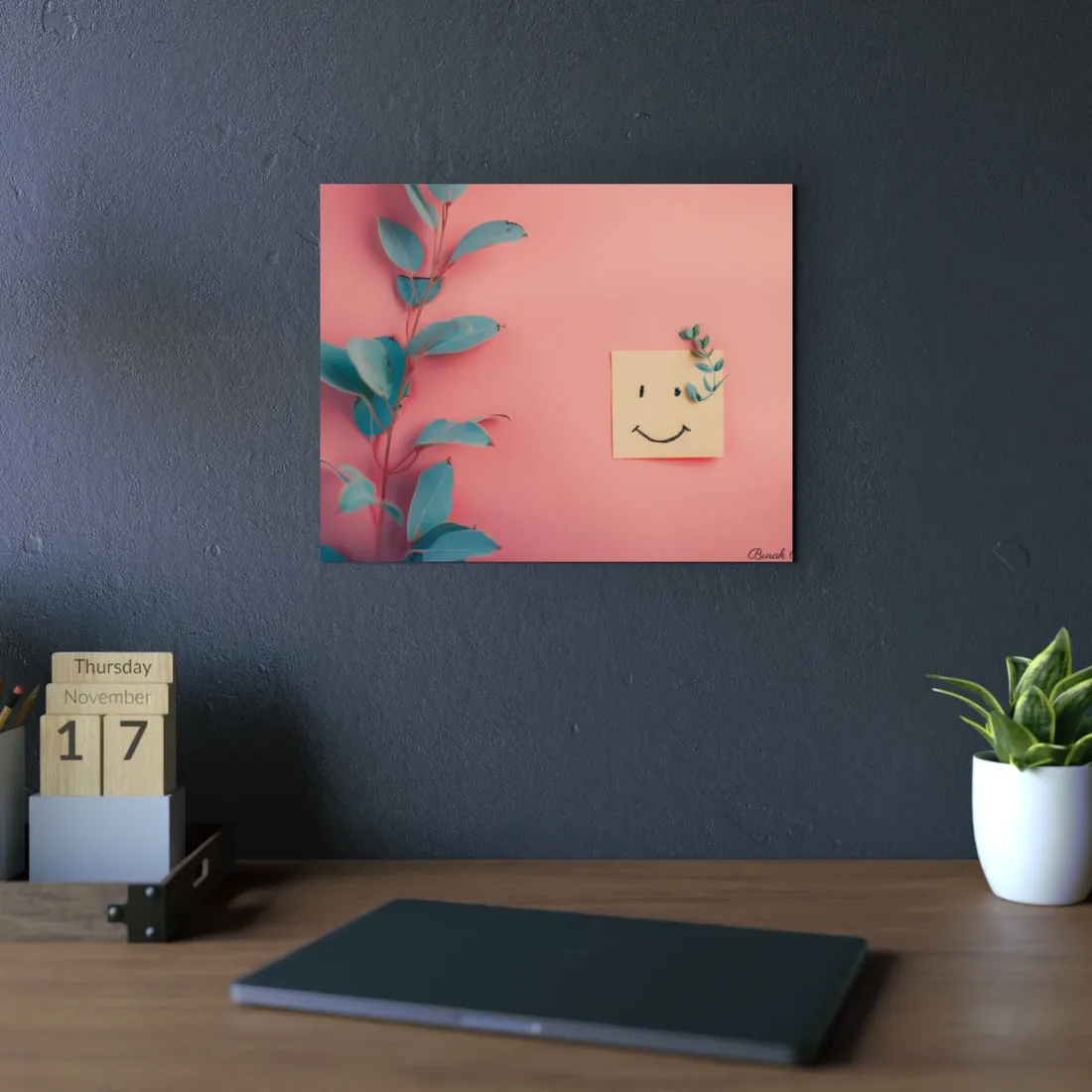 Pink Backdrop Still Life: Leaf and Smiley Note - Metal Poster