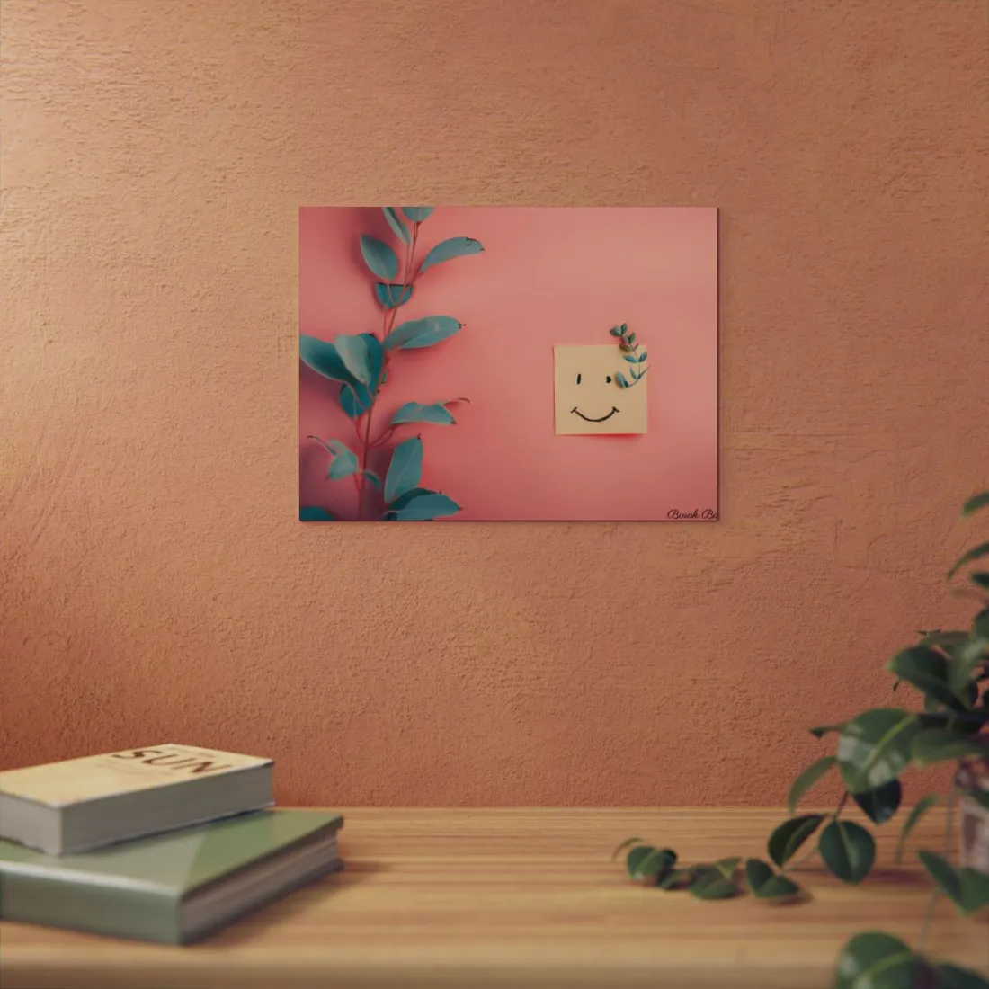Pink Backdrop Still Life: Leaf and Smiley Note - Metal Poster