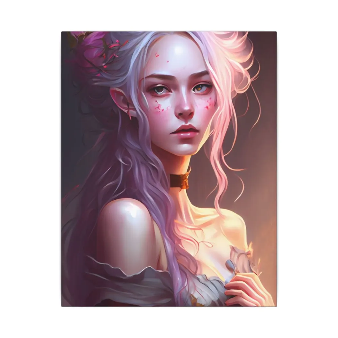 Pink Hair Portrait: Female in Black Outfit with Purple Background - Canvas