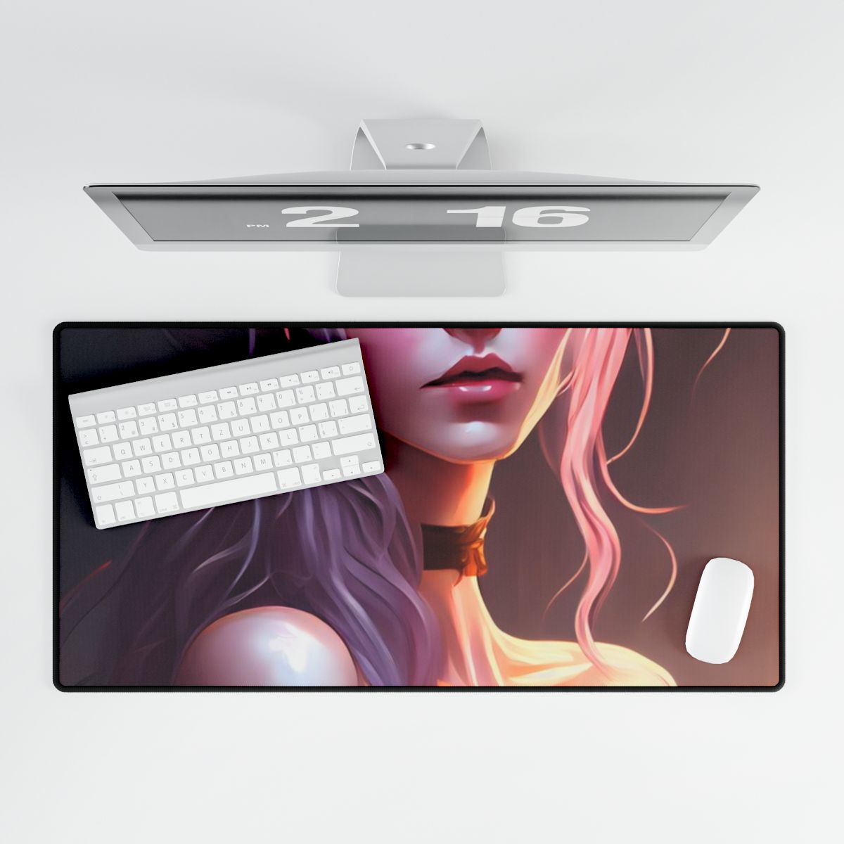 Pink Hair Portrait: Female in Black Outfit with Purple Background - Desk Mat