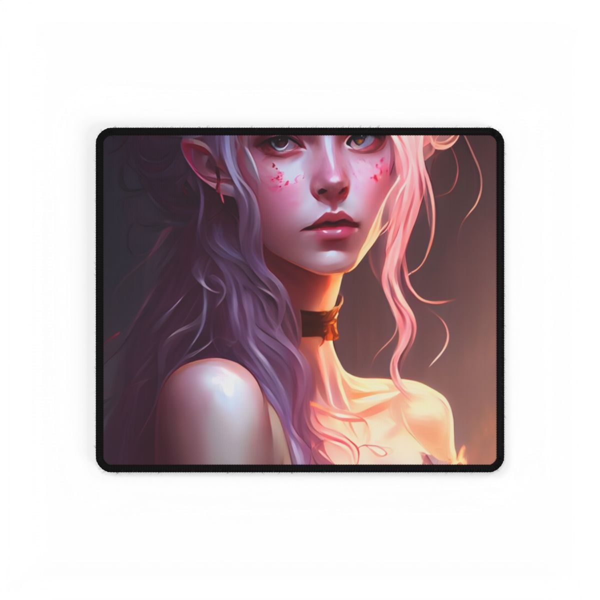 Pink Hair Portrait: Female in Black Outfit with Purple Background - Desk Mat