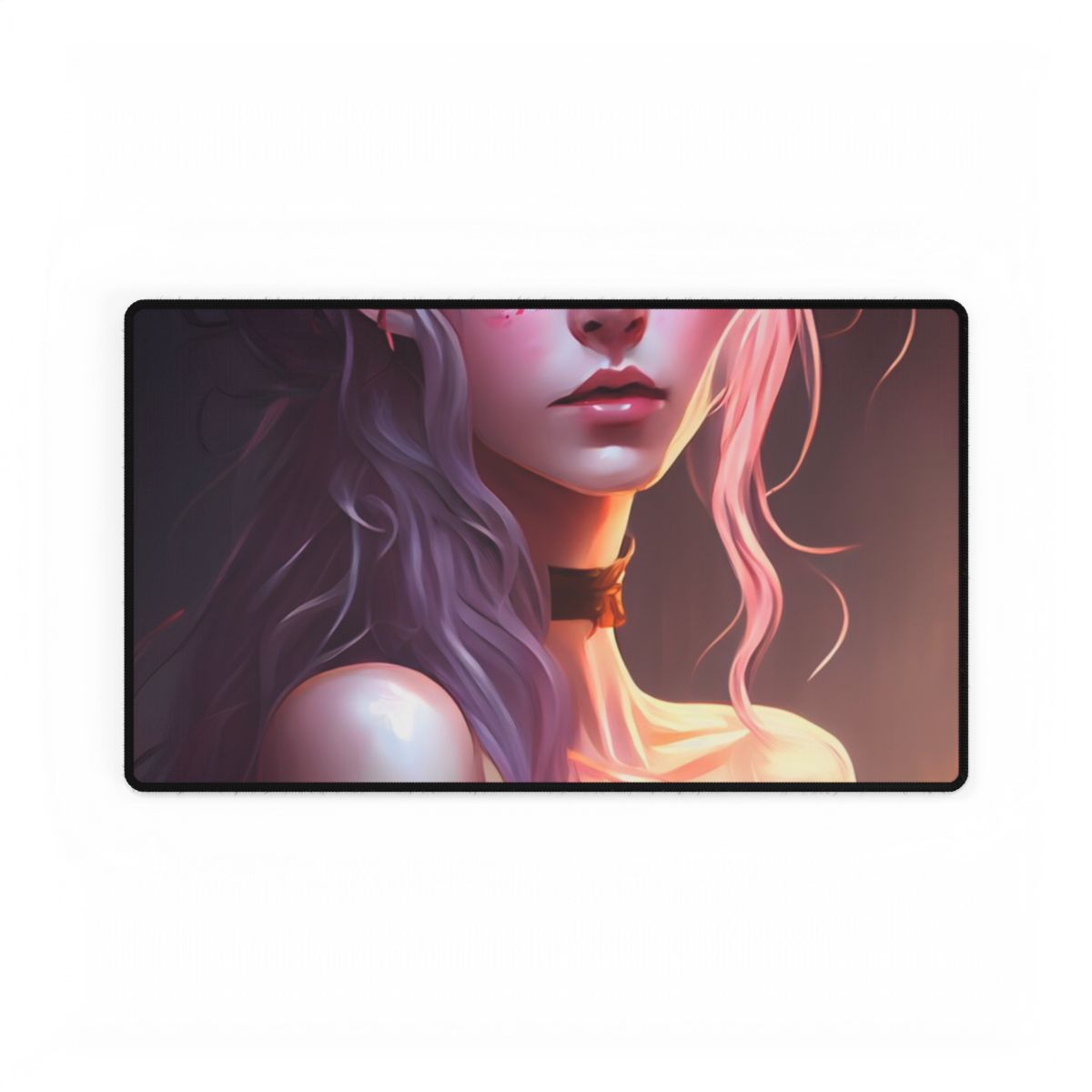 Pink Hair Portrait: Female in Black Outfit with Purple Background - Desk Mat