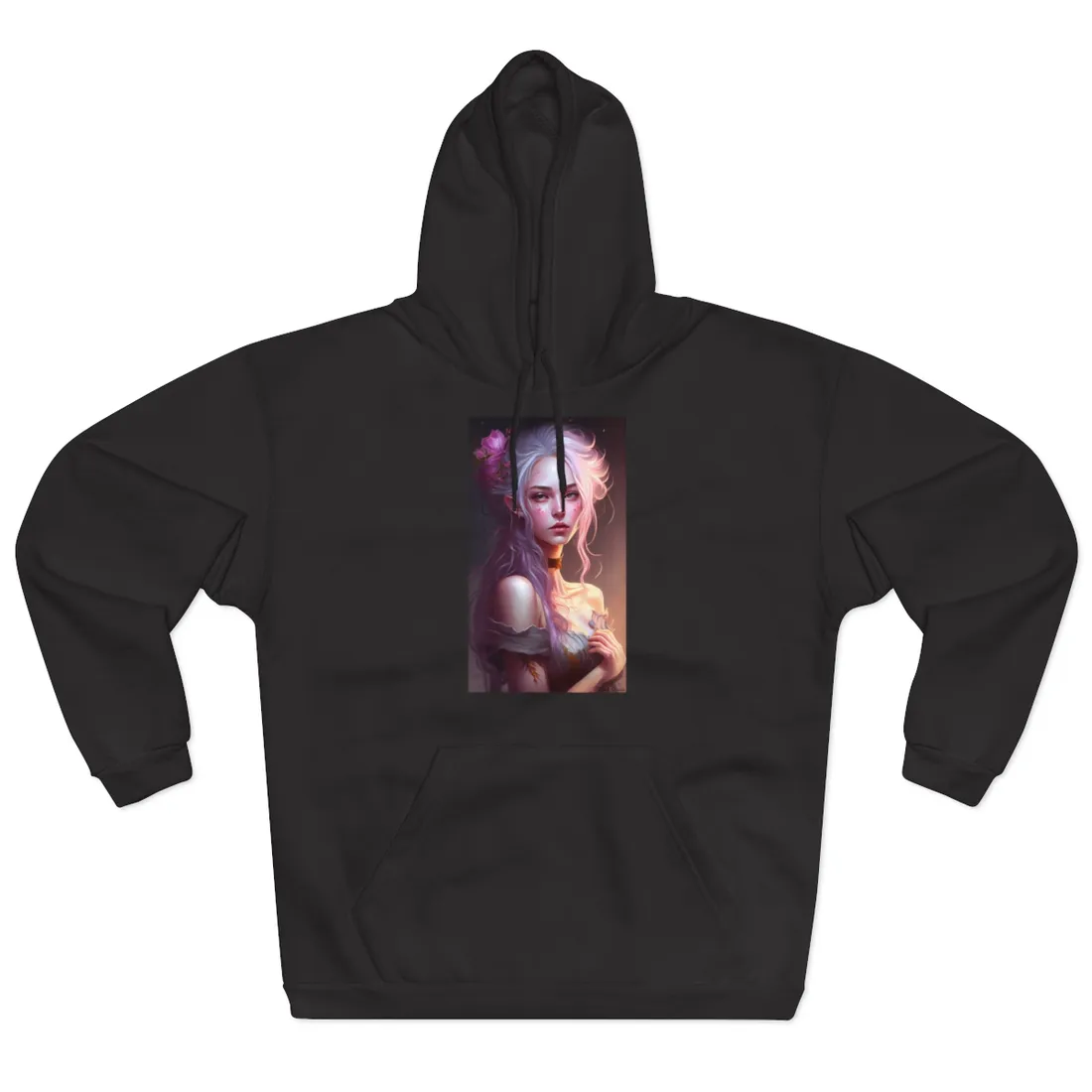 Pink Hair Portrait: Female in Black Outfit with Purple Background - Hoodie