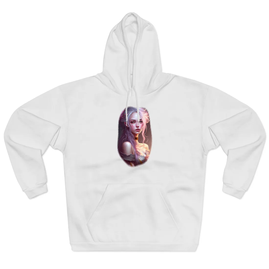 Pink Hair Portrait: Female in Black Outfit with Purple Background Hoodie - Hoodie (White)