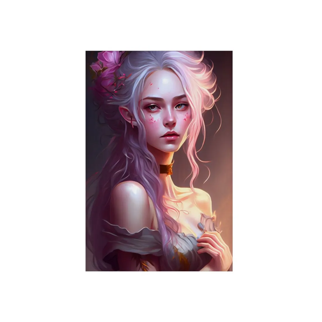 Pink Hair Portrait: Female in Black Outfit with Purple Background - Metal Poster