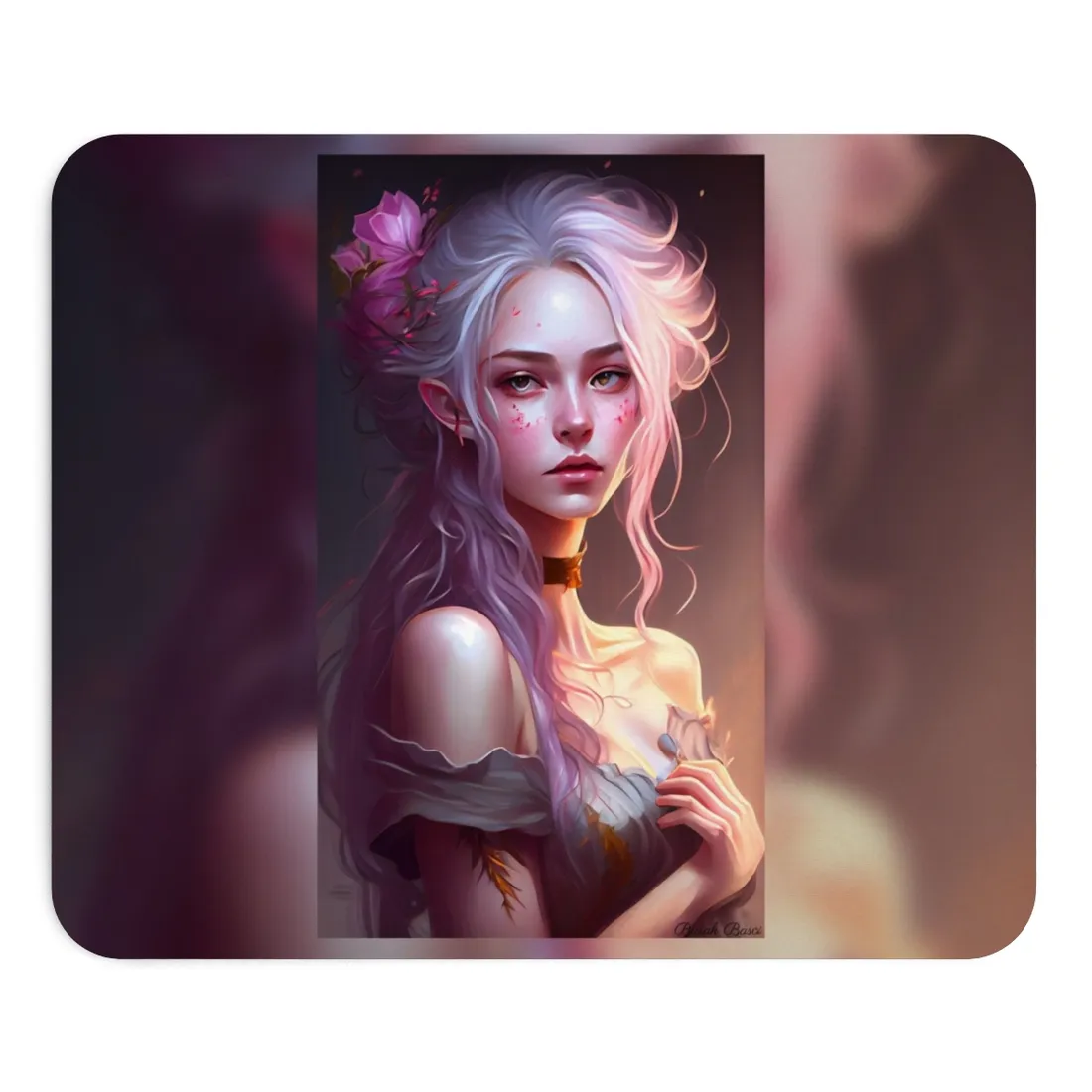 Pink Hair Portrait: Female in Black Outfit with Purple Background - Mouse Pad