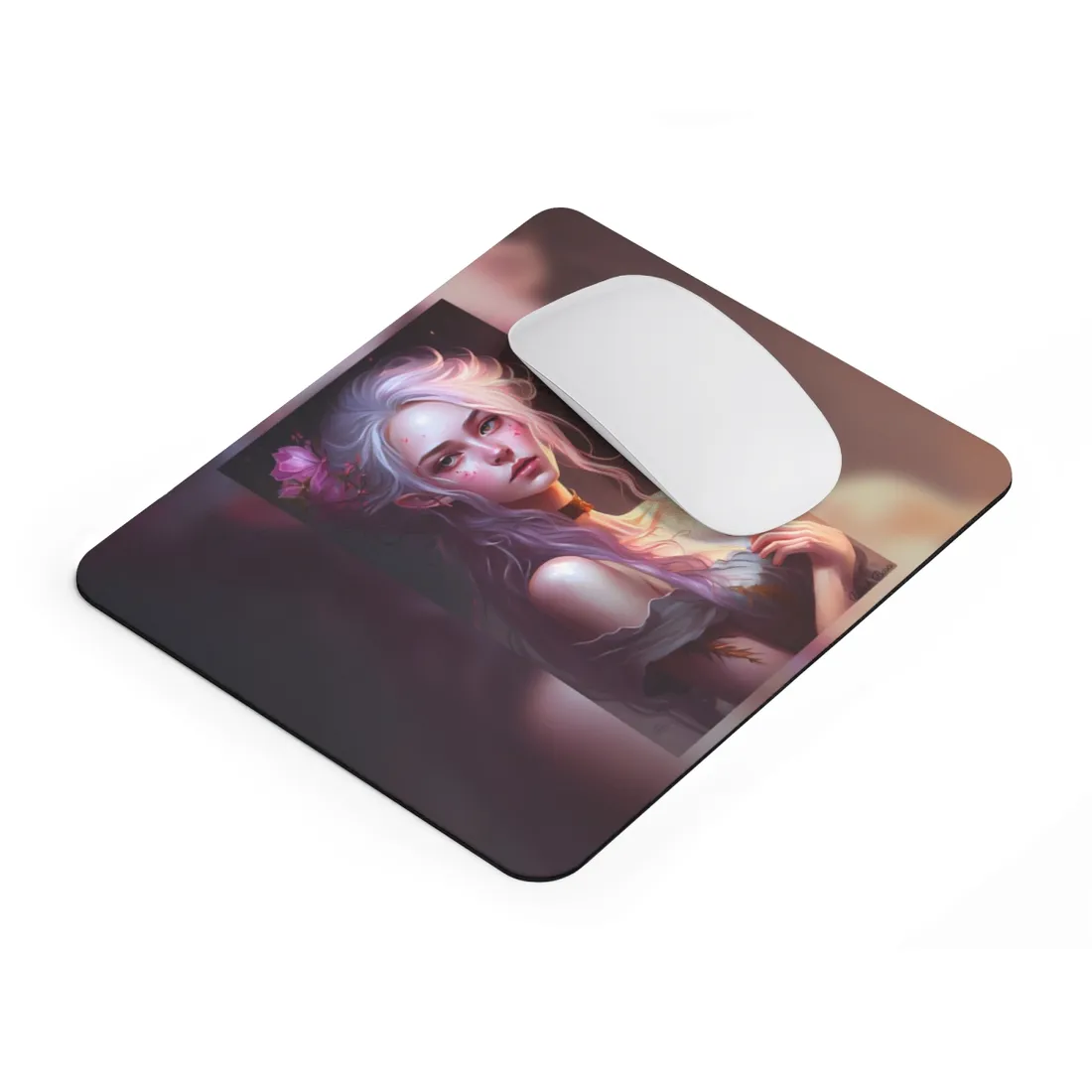 Pink Hair Portrait: Female in Black Outfit with Purple Background - Mouse Pad