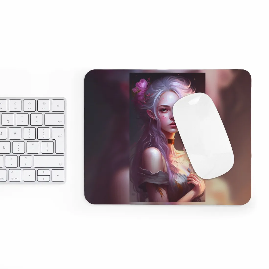 Pink Hair Portrait: Female in Black Outfit with Purple Background - Mouse Pad