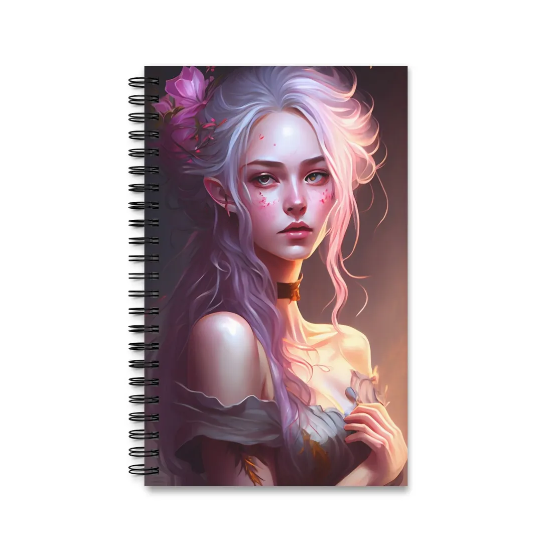 Pink Hair Portrait: Female in Black Outfit with Purple Background - Spiral Notebook