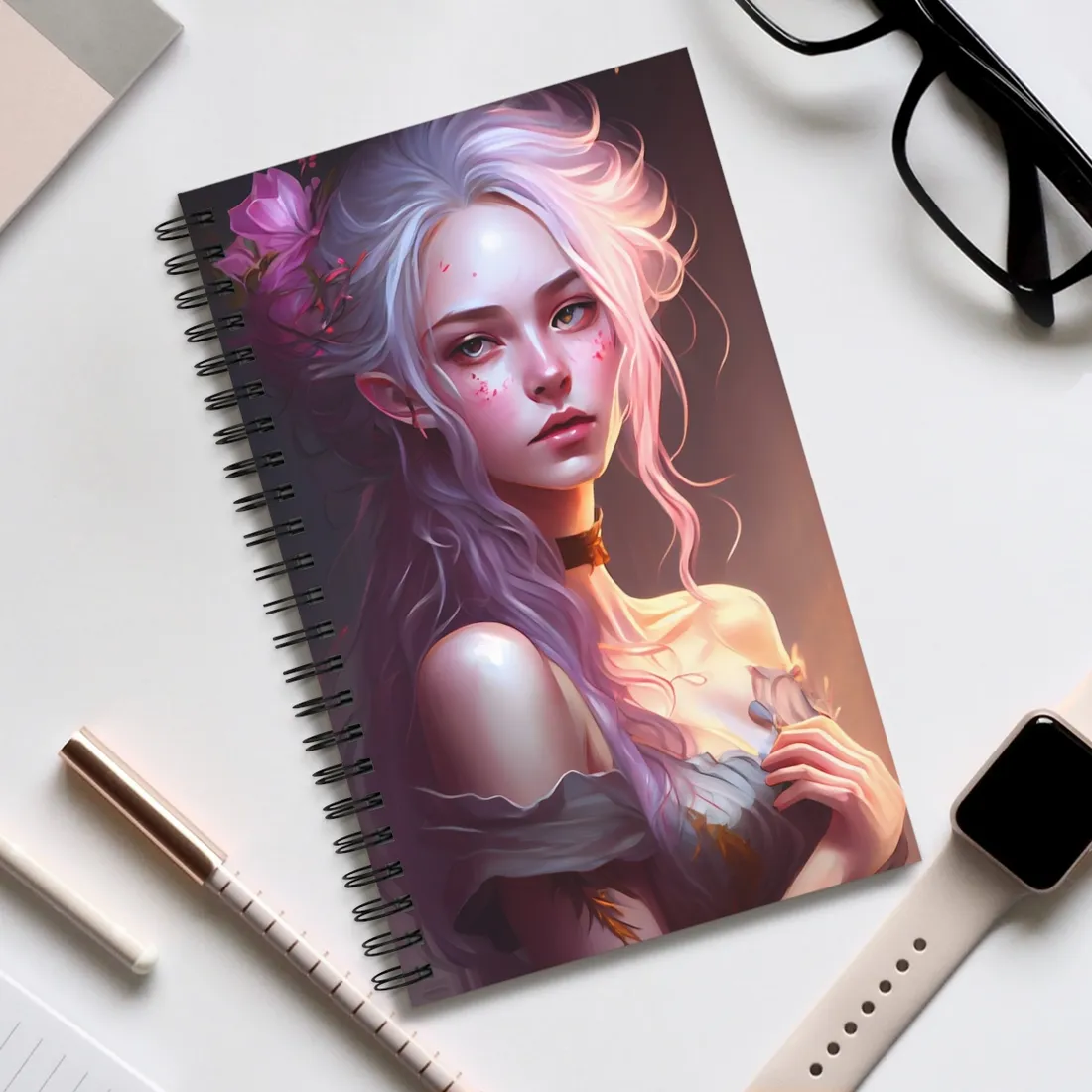 Pink Hair Portrait: Female in Black Outfit with Purple Background - Spiral Notebook