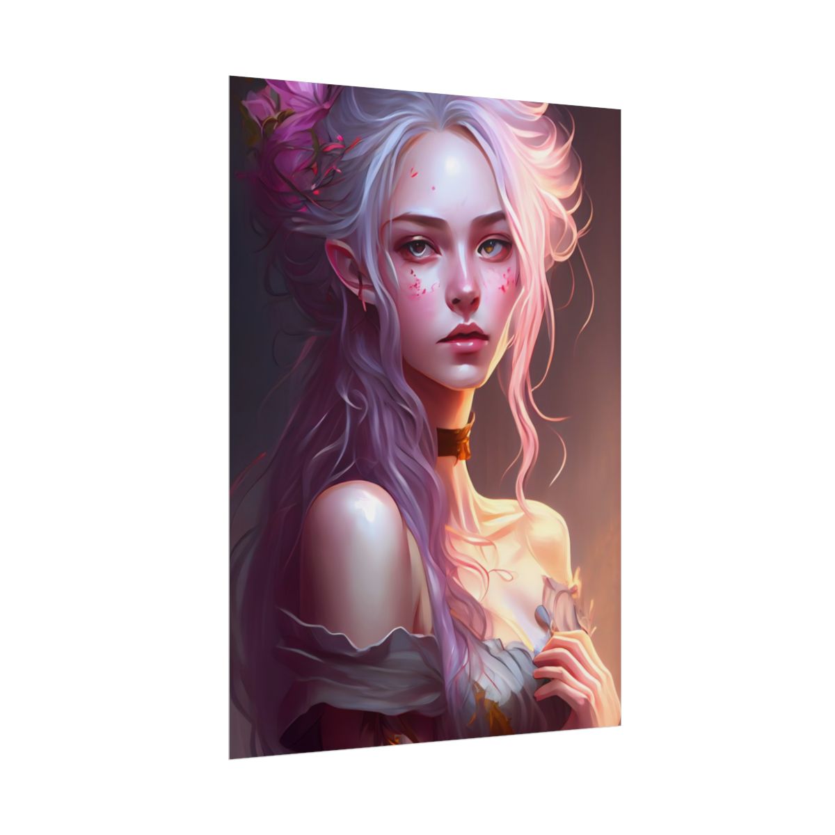 Pink Hair Portrait: Female in Black Outfit with Purple Background - Poster