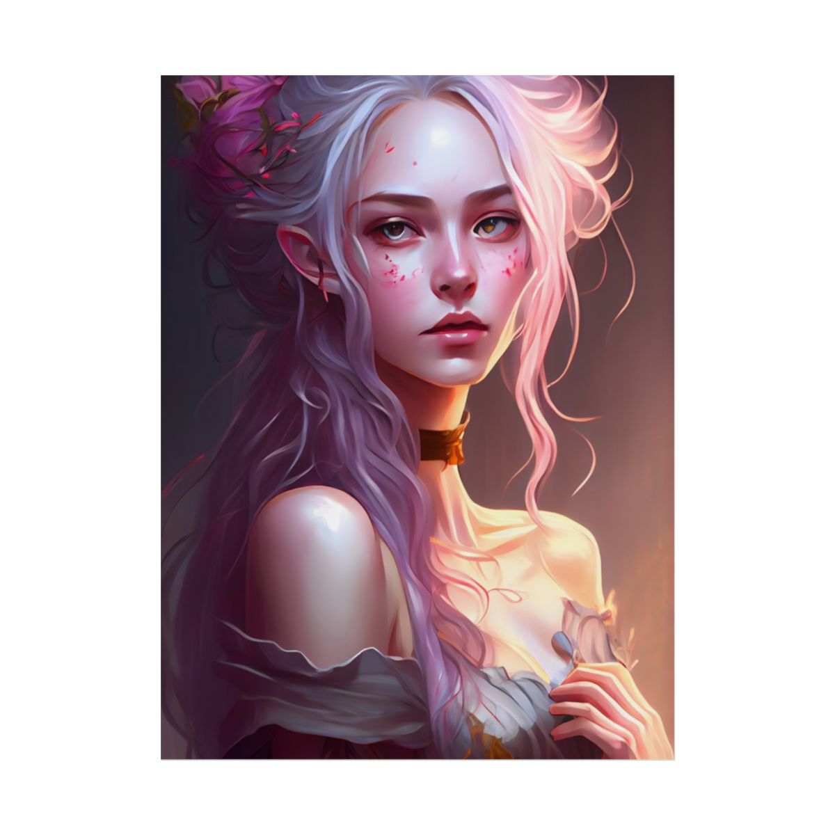 Pink Hair Portrait: Female in Black Outfit with Purple Background - Poster
