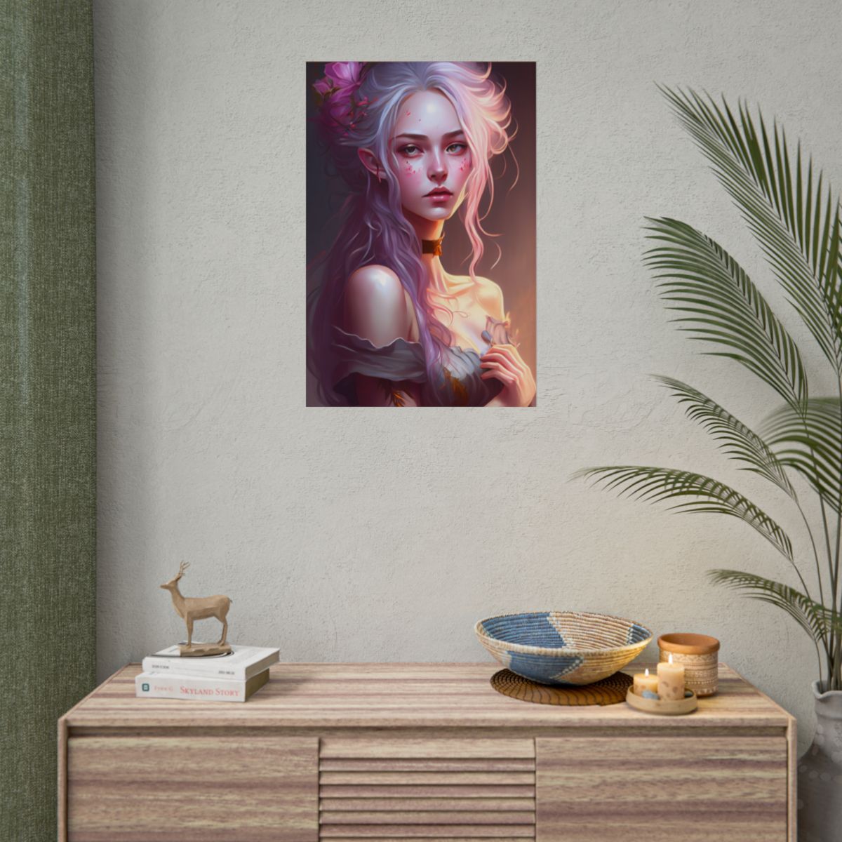Pink Hair Portrait: Female in Black Outfit with Purple Background - Poster
