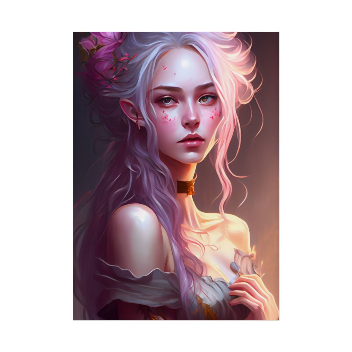 Pink Hair Portrait: Female in Black Outfit with Purple Background - Poster