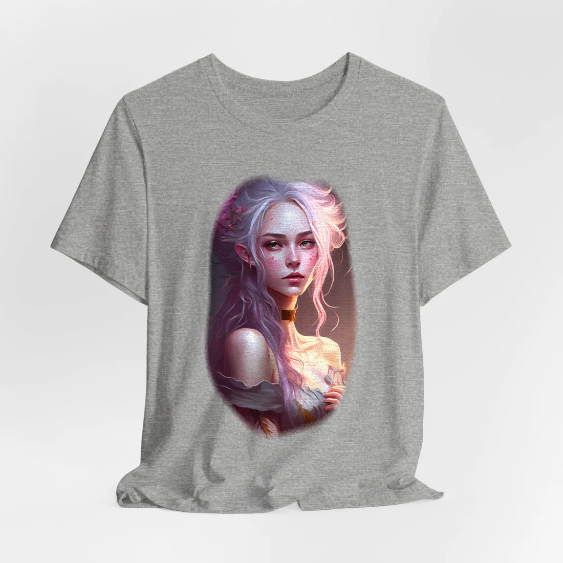 Digital portrait of a woman with lavender hair and pink flowers, warm glow – T-Shirt, athletic heather