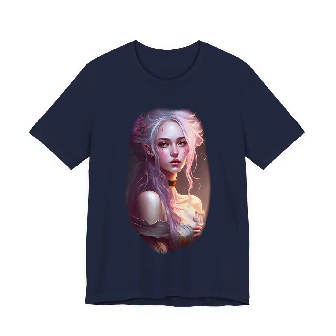 Digital portrait of a woman with lavender hair and pink flowers, warm glow – T-Shirt, black, view 3