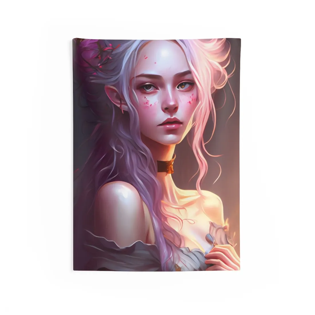 Pink Hair Portrait: Female in Black Outfit with Purple Background - Wall Tapestry