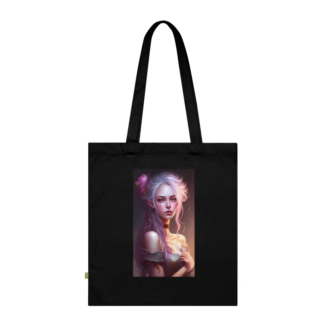 Pink Hair Portrait: Female in Black Outfit with Purple Background - Tote Bag