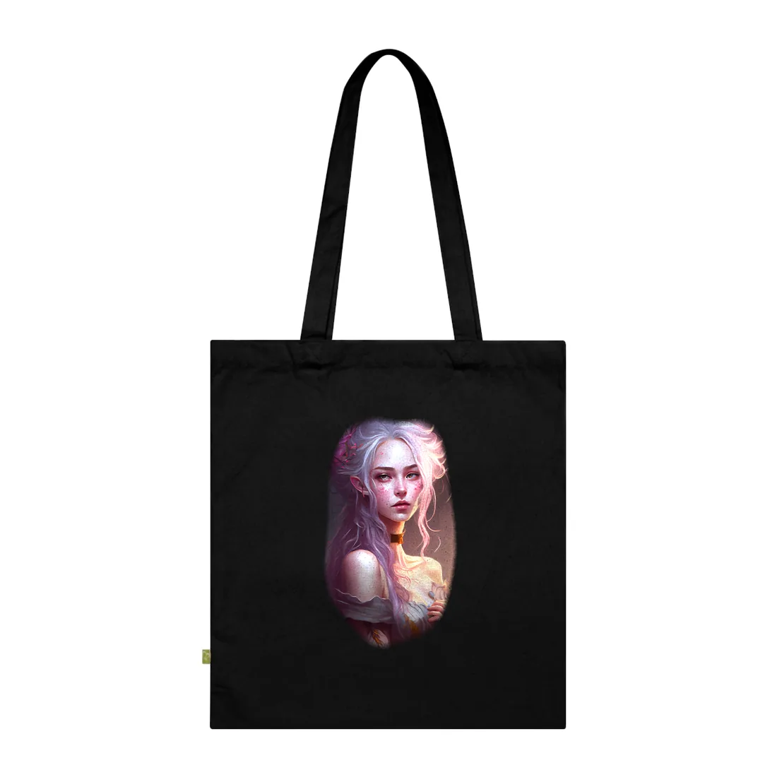 Digital portrait of a woman with lavender hair and pink flowers, warm glow – Tote Bag, black, view 3