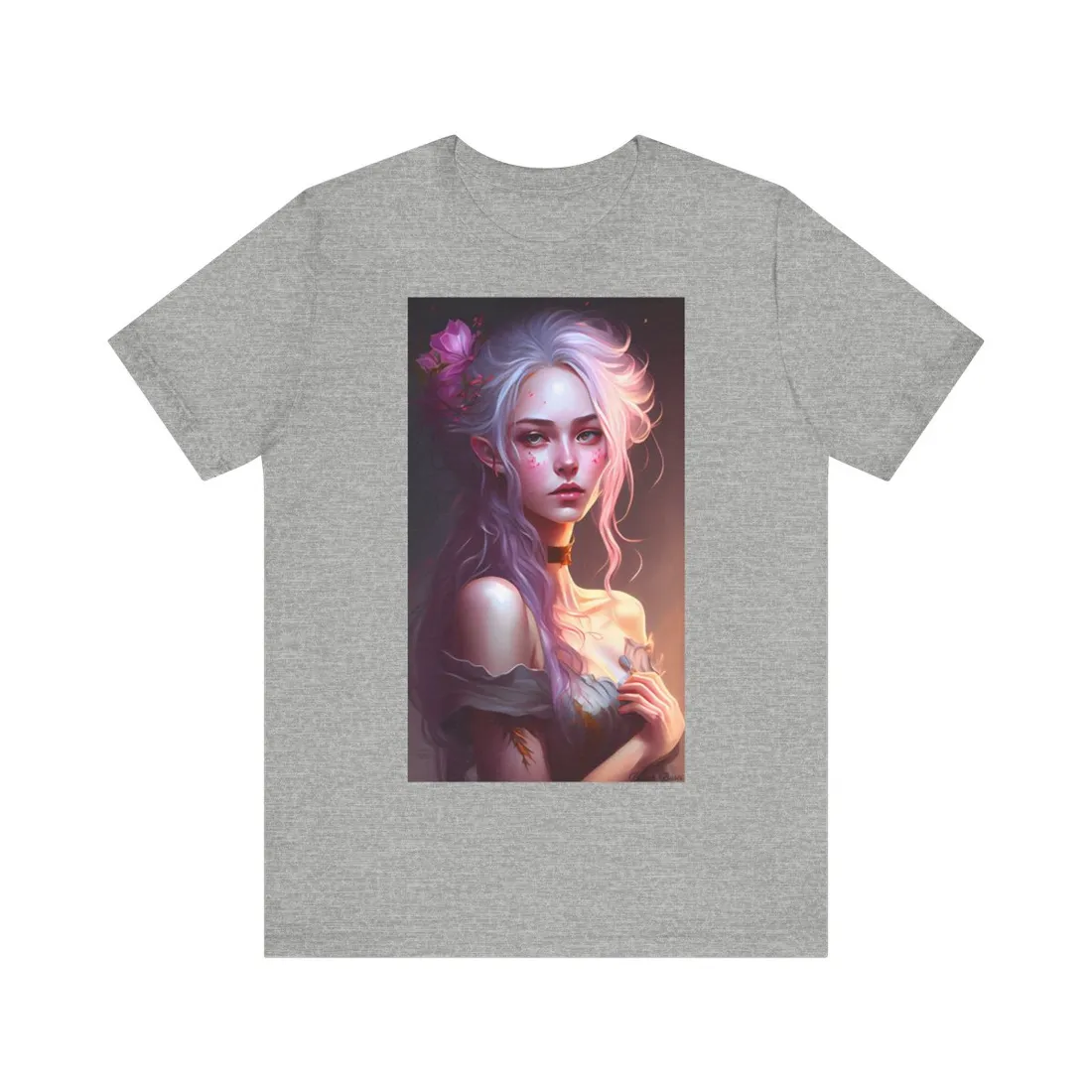 Pink Hair Portrait: Female in Black Outfit with Purple Background - T-Shirt