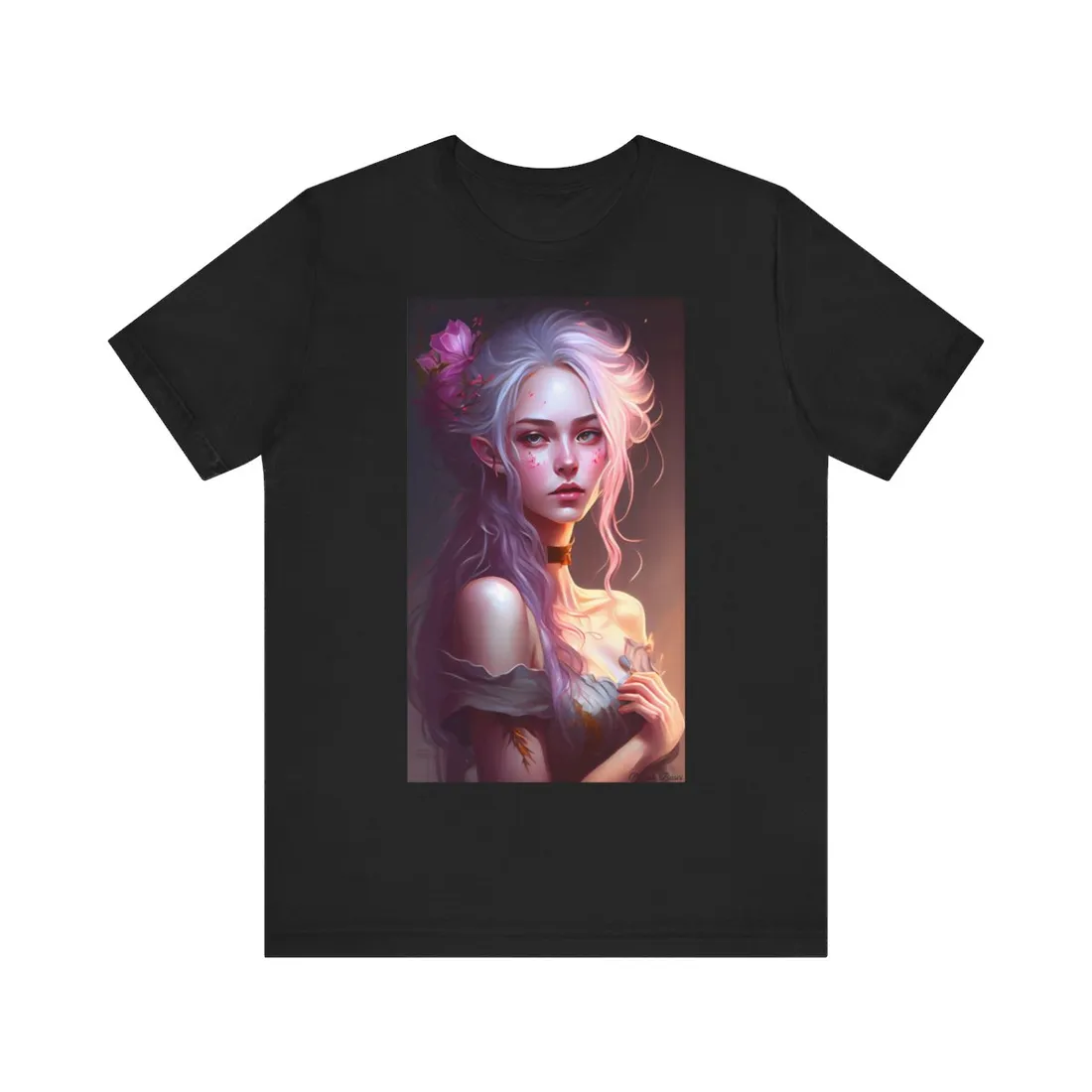 Pink Hair Portrait: Female in Black Outfit with Purple Background - T-Shirt