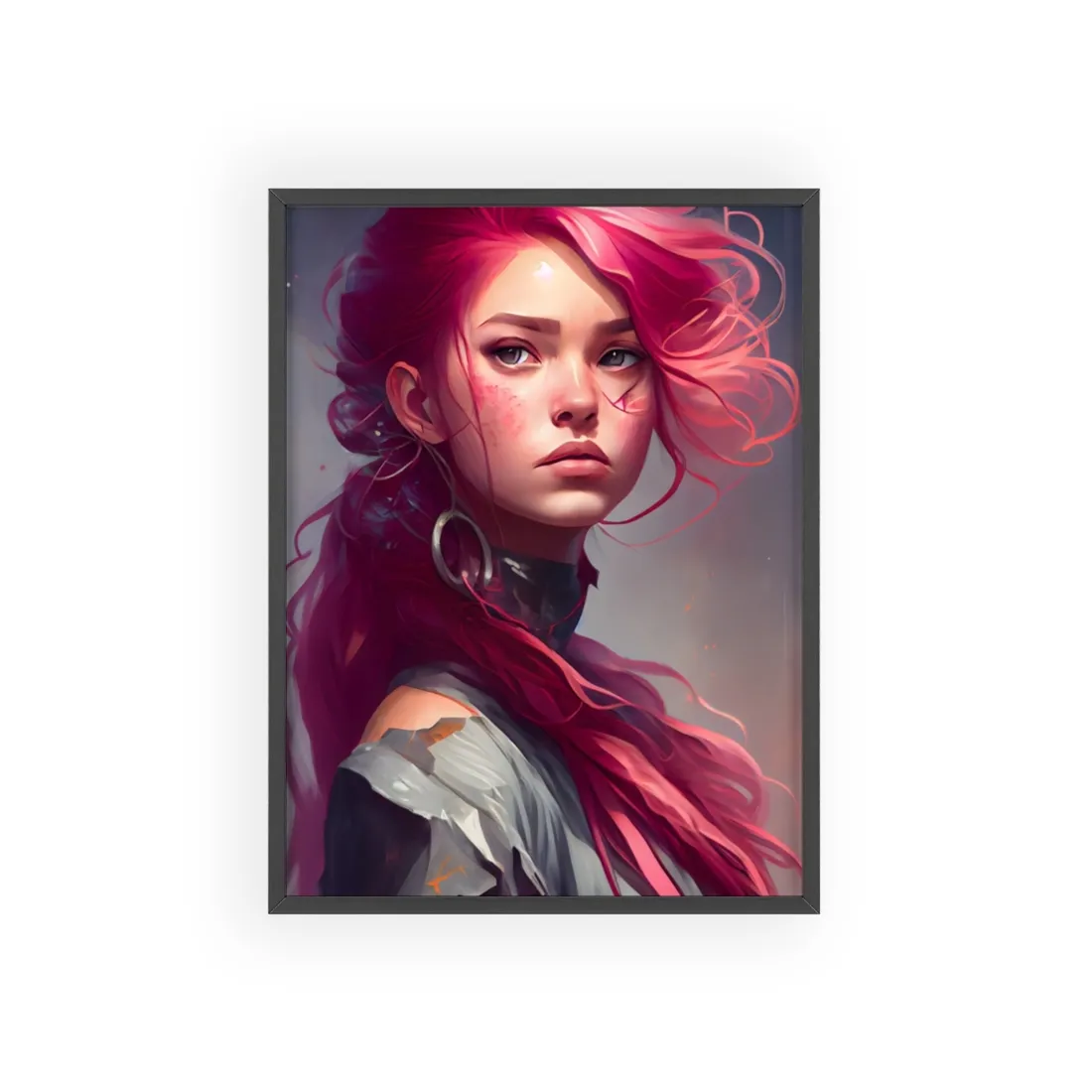 Pink Hair Portrait: Serene Nature-Inspired - Framed Poster