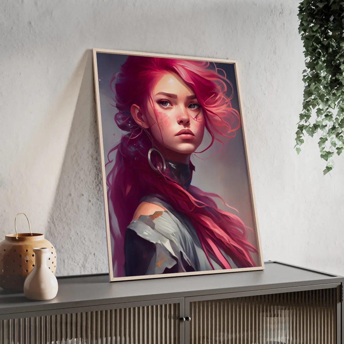 Pink Hair Portrait: Serene Nature-Inspired - Framed Poster