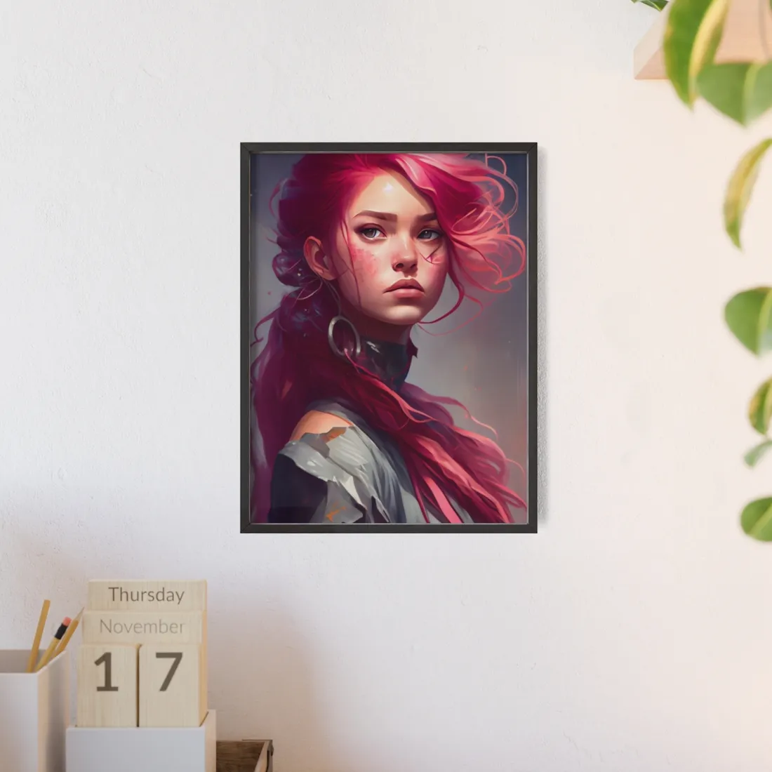 Pink Hair Portrait: Serene Nature-Inspired - Framed Poster