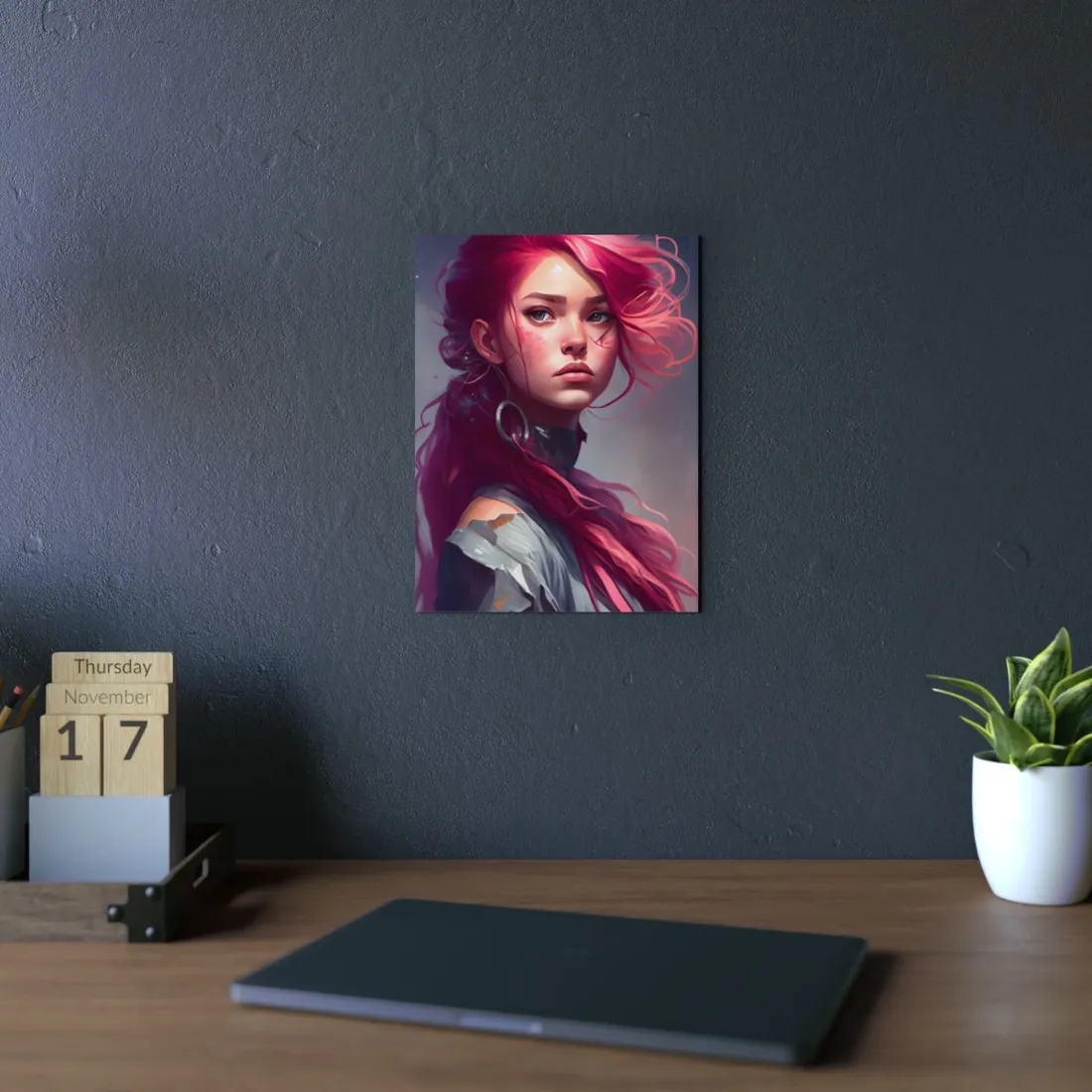 Pink Hair Portrait: Serene Nature-Inspired - Metal Poster
