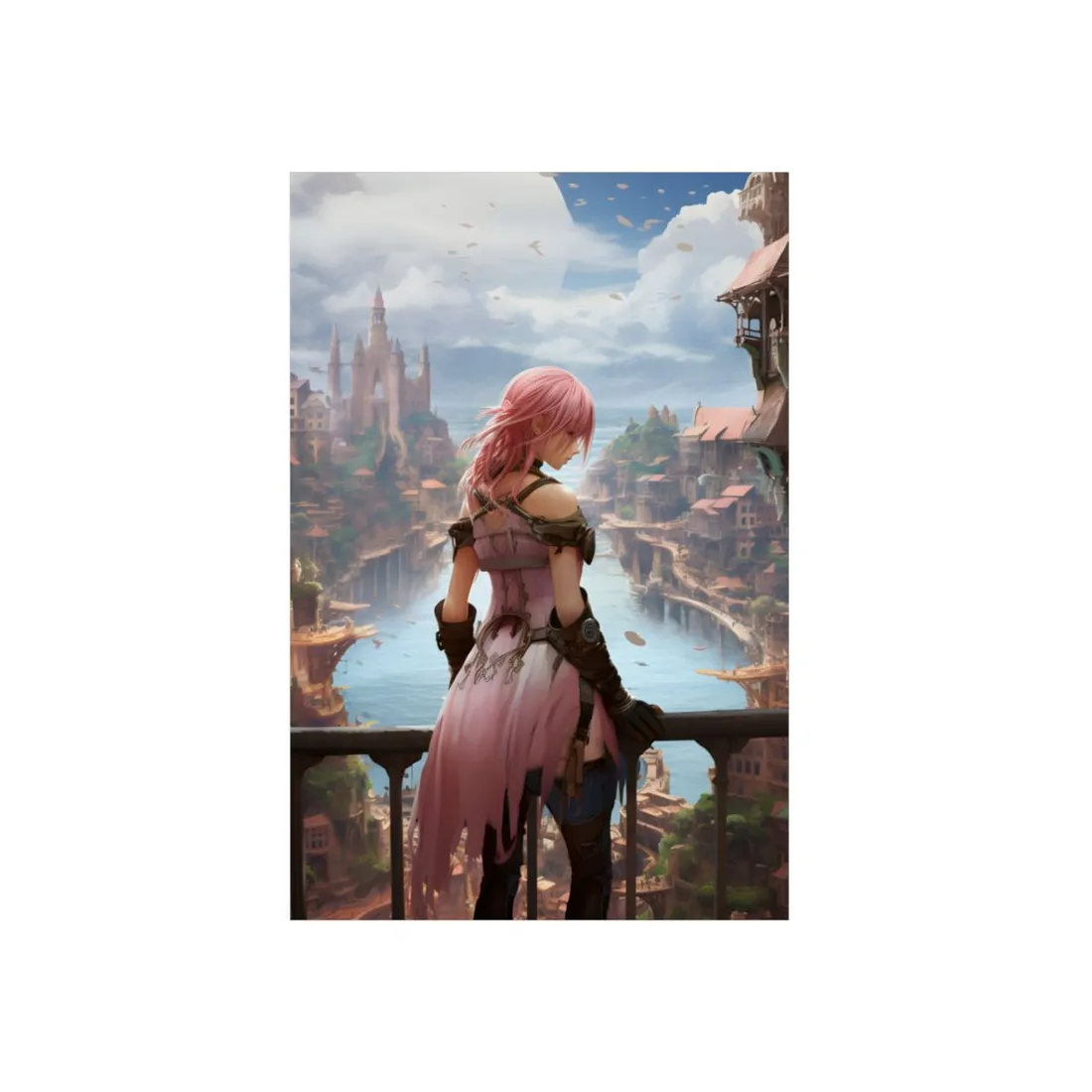 Pink-Haired Warrior: Anime Girl Overlooking Fantasy City - Metal Poster