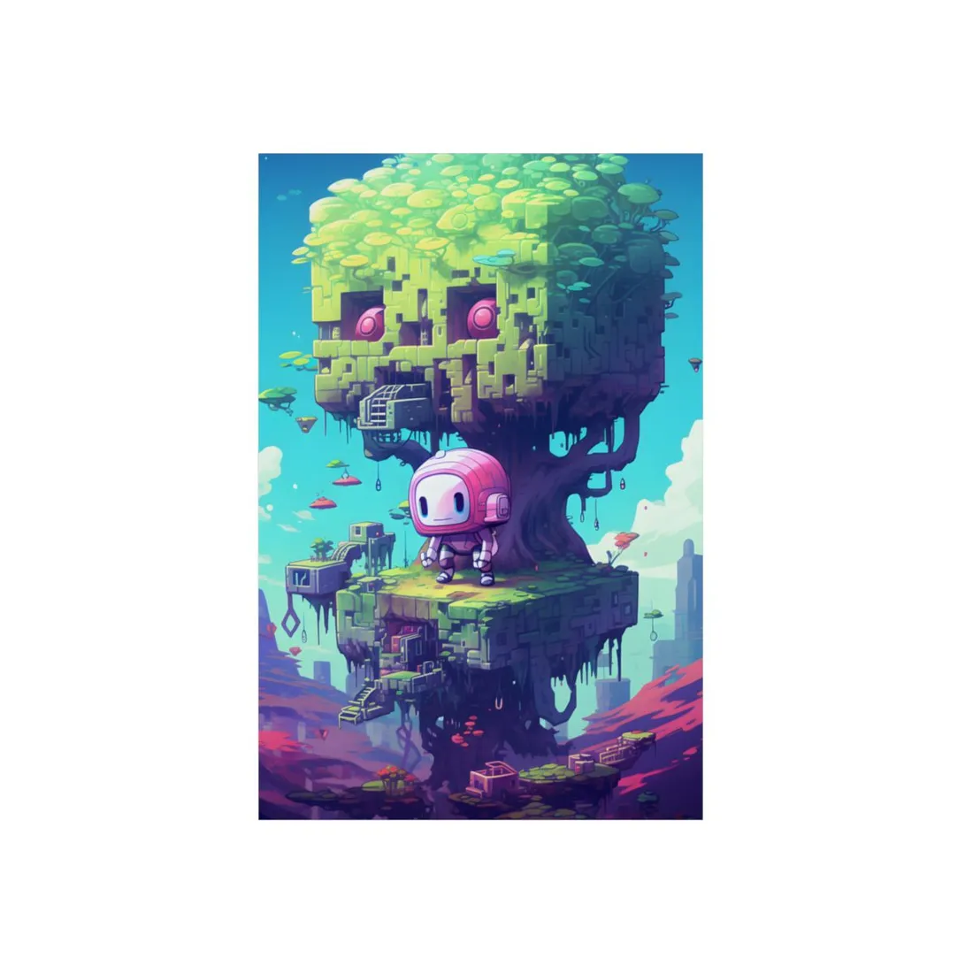 Pink Pixel Creature on Floating Platform: Cyber Adventure Art - Metal Poster