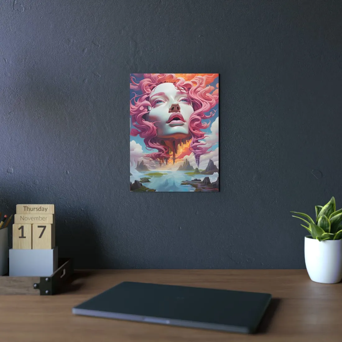 Pink Swirl Portrait: Woman in Dreamlike Vortex - Metal Poster