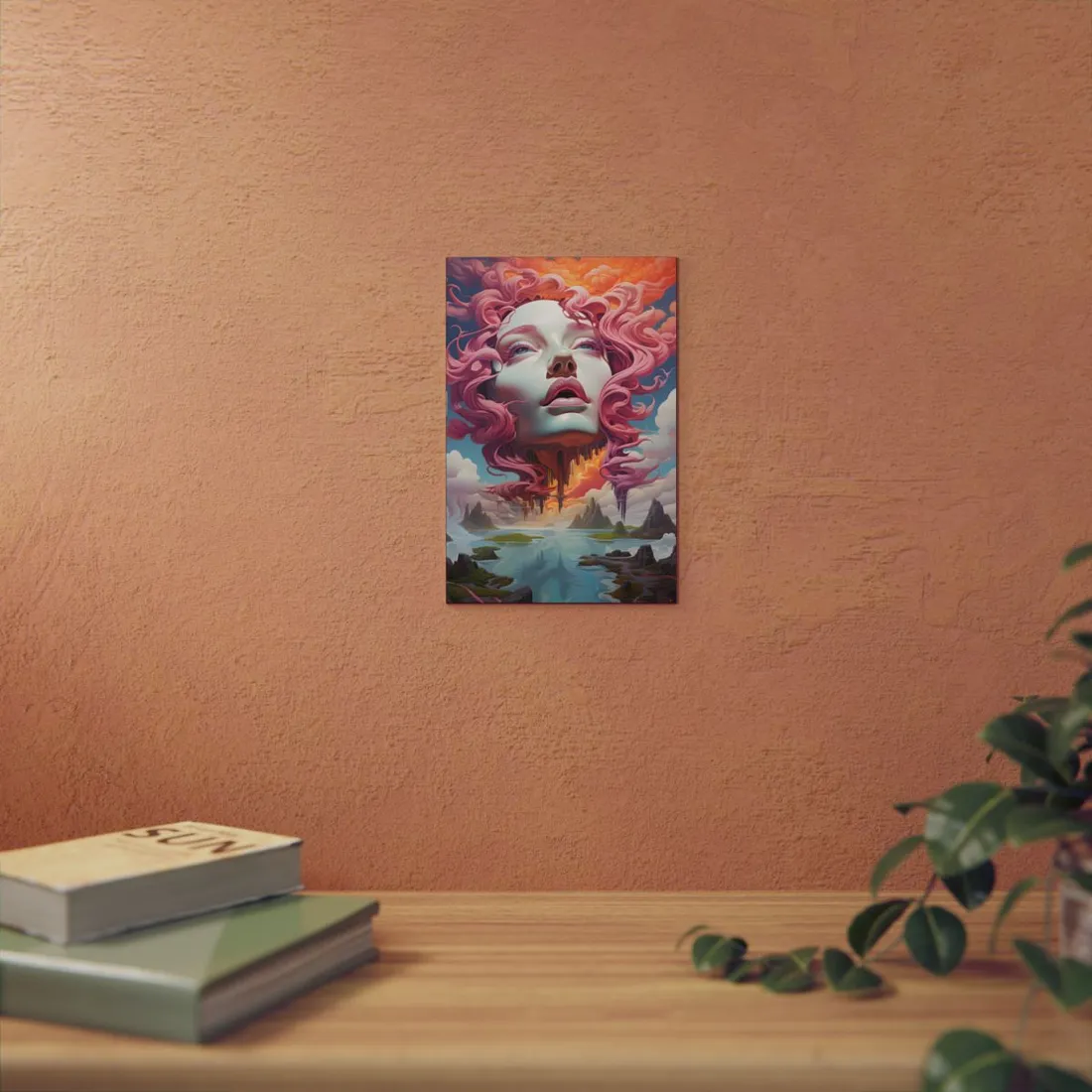 Pink Swirl Portrait: Woman in Dreamlike Vortex - Metal Poster
