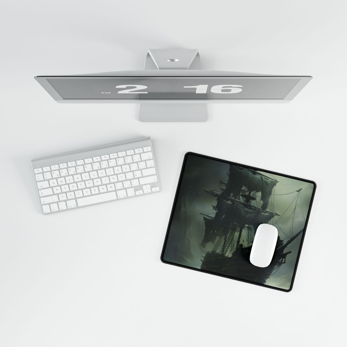 Ghostly old ship with tattered sails in stormy green waters under dark clouds – Desk Mat, room mockup, view 3
