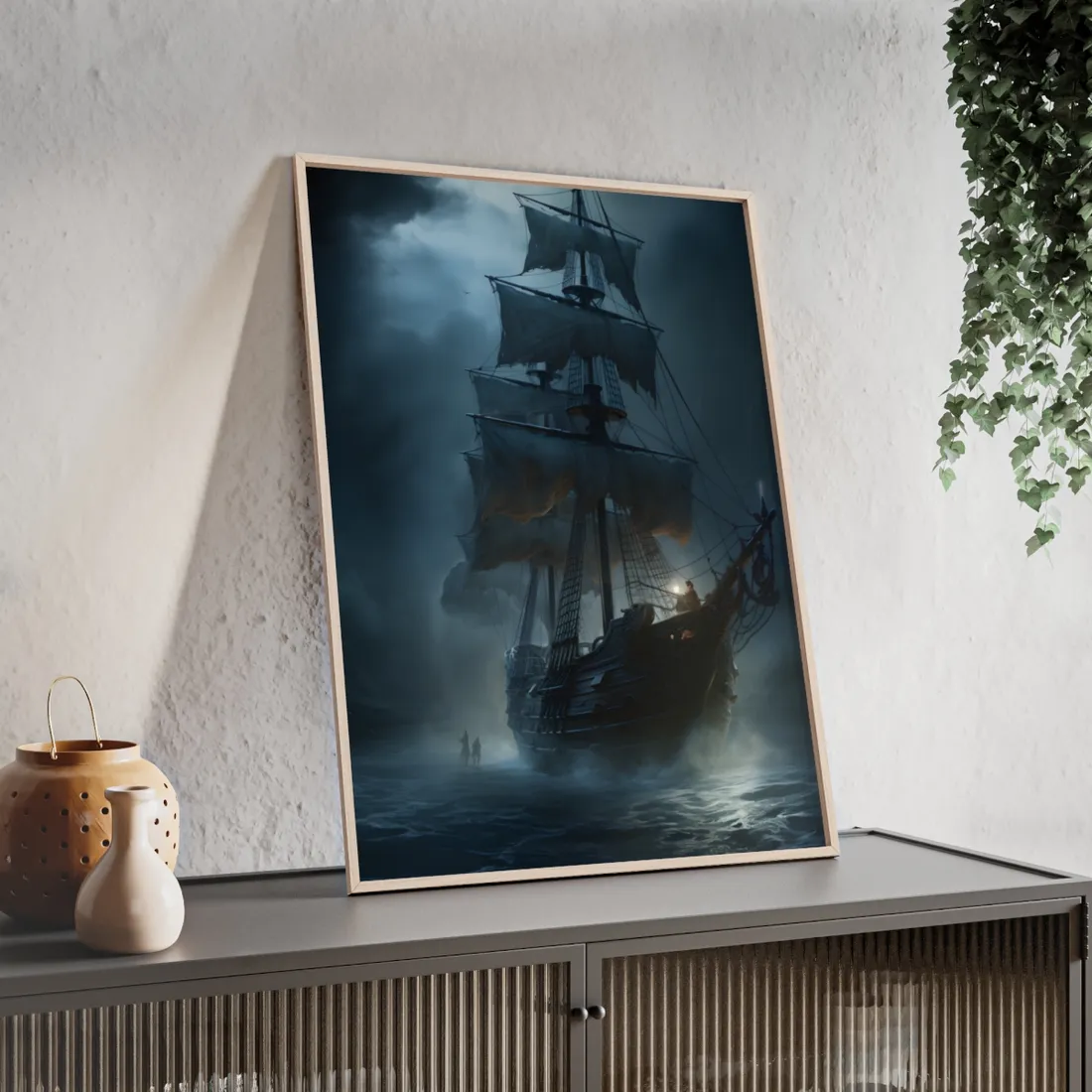 Pirate Ghost Ship Sails at Sea: Mysterious Maritime Art - Framed Poster