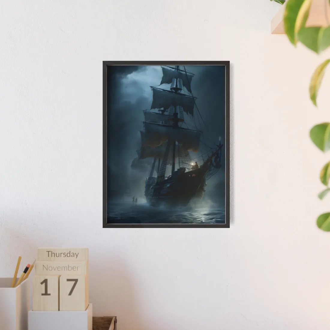 Pirate Ghost Ship Sails at Sea: Mysterious Maritime Art - Framed Poster