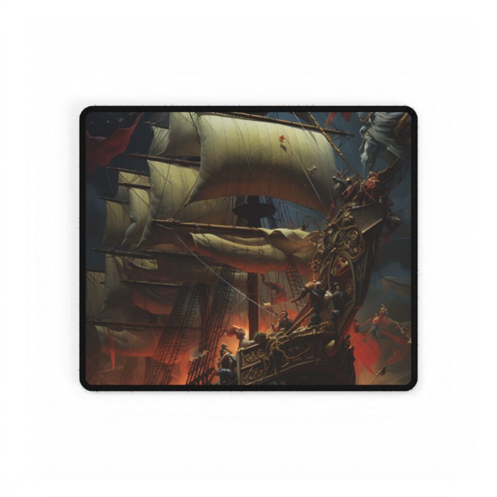 Tall ship with cream sails battles stormy waves under dark clouds and red fire – Desk Mat, front view