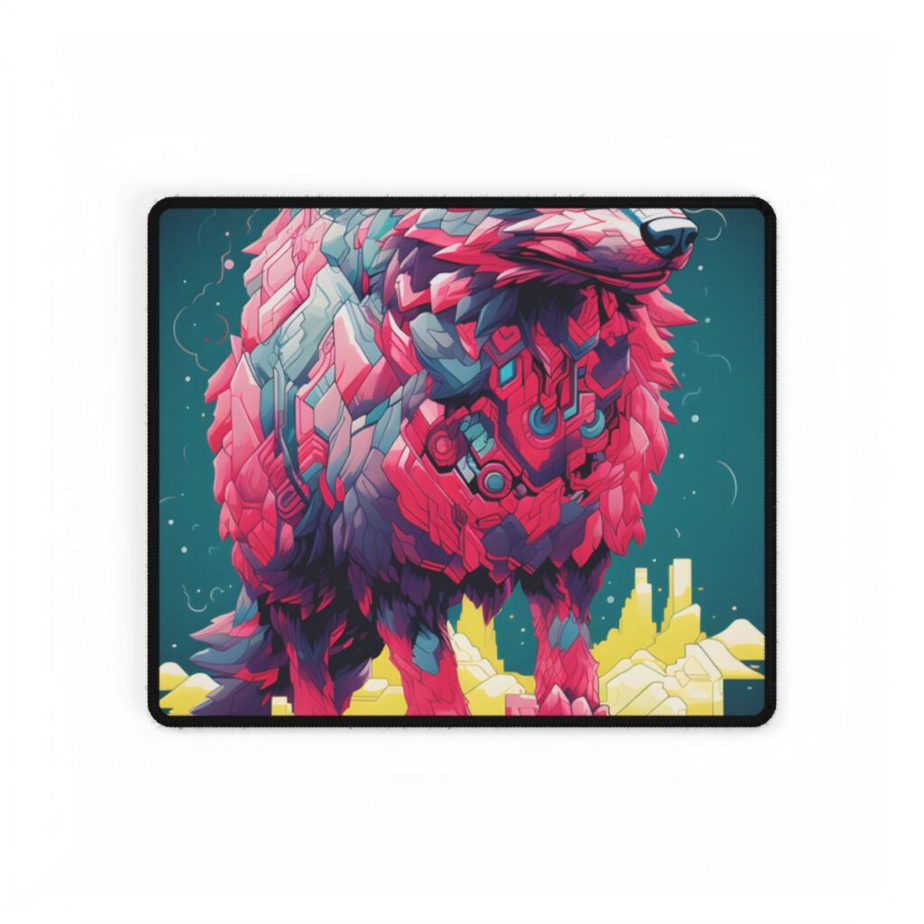 Pink geometric wolf with glowing green eyes stands on a yellow futuristic city – Desk Mat, front view
