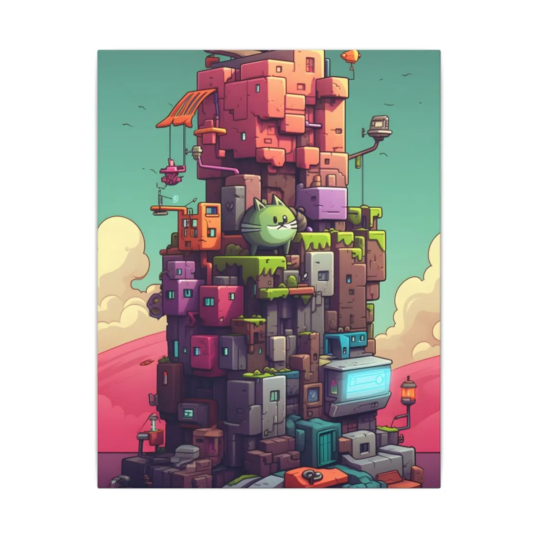 Pixel Art World: Colorful Cyber Pet in a Vibrant Scene - Canvas