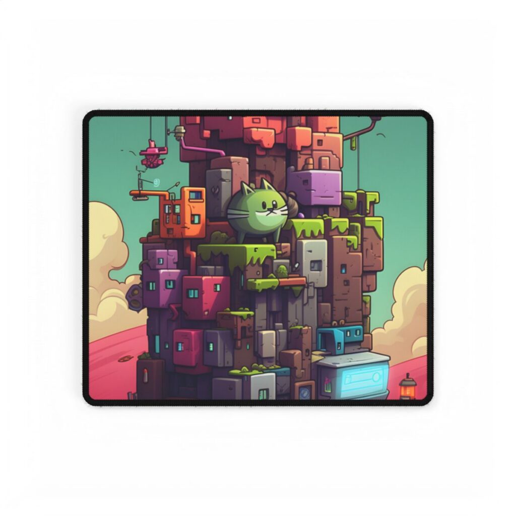 Blocky cartoon tower of stacked cubes with two cats and moss – Desk Mat, front view