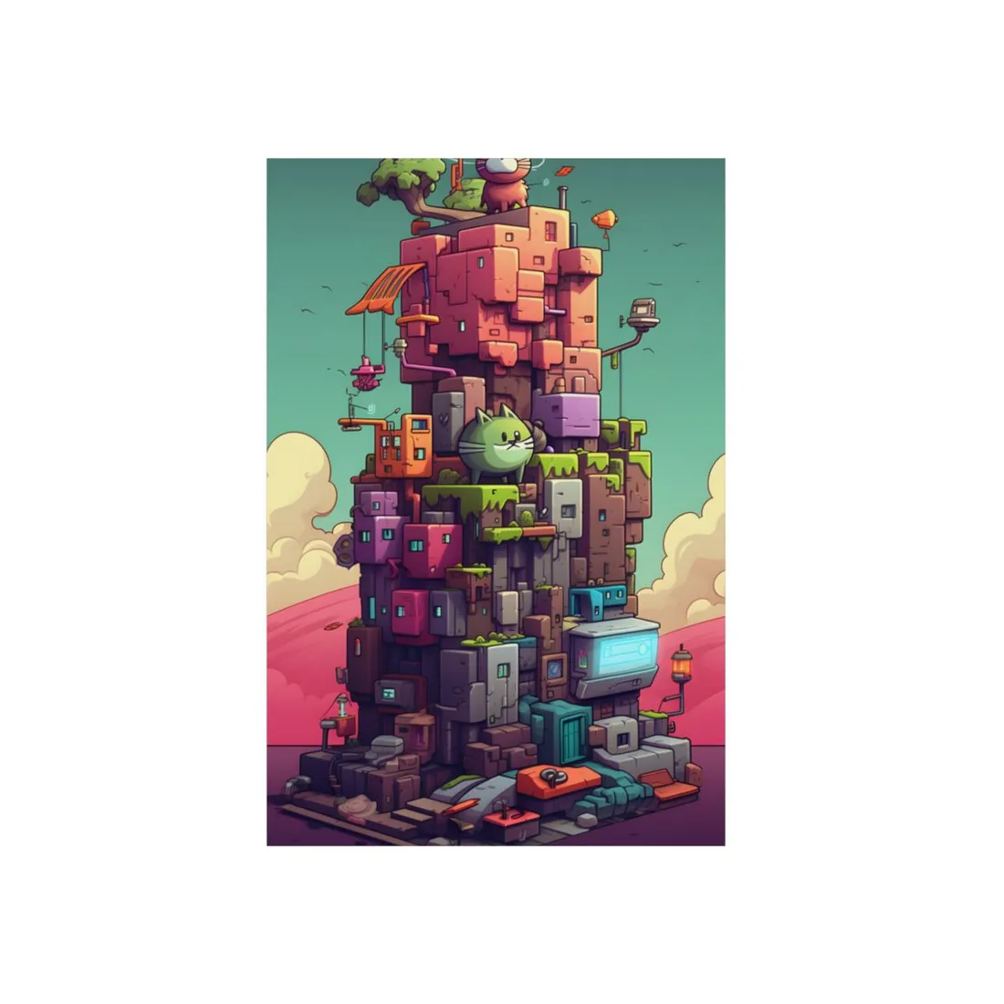 Pixel Art World: Colorful Cyber Pet in a Vibrant Scene - Metal Poster