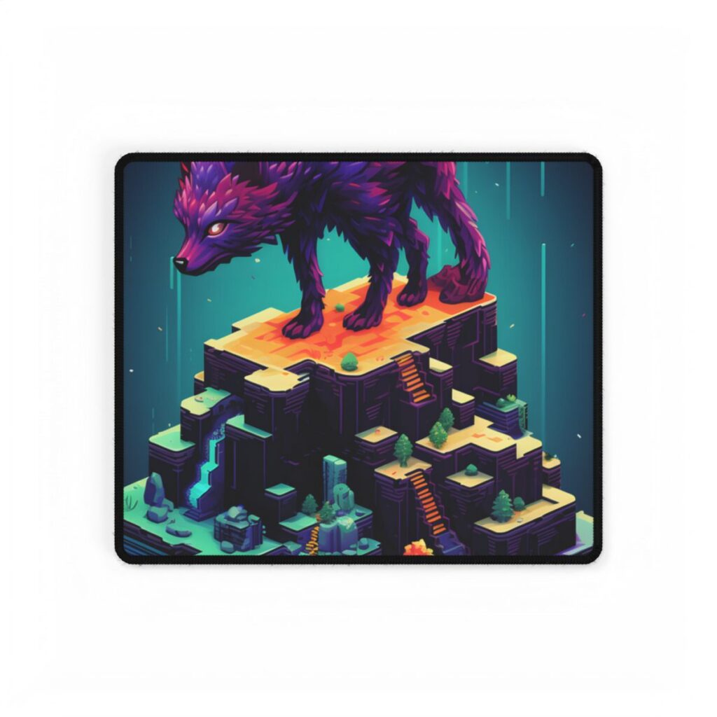 Purple spiky fox-like creature stands on isometric blocky island with orange lava – Desk Mat, front view