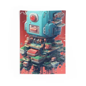 Robot Head Floating City Wall Tapestry