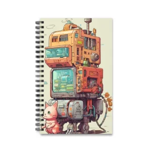 Robot with Pink Cat Spiral Notebook