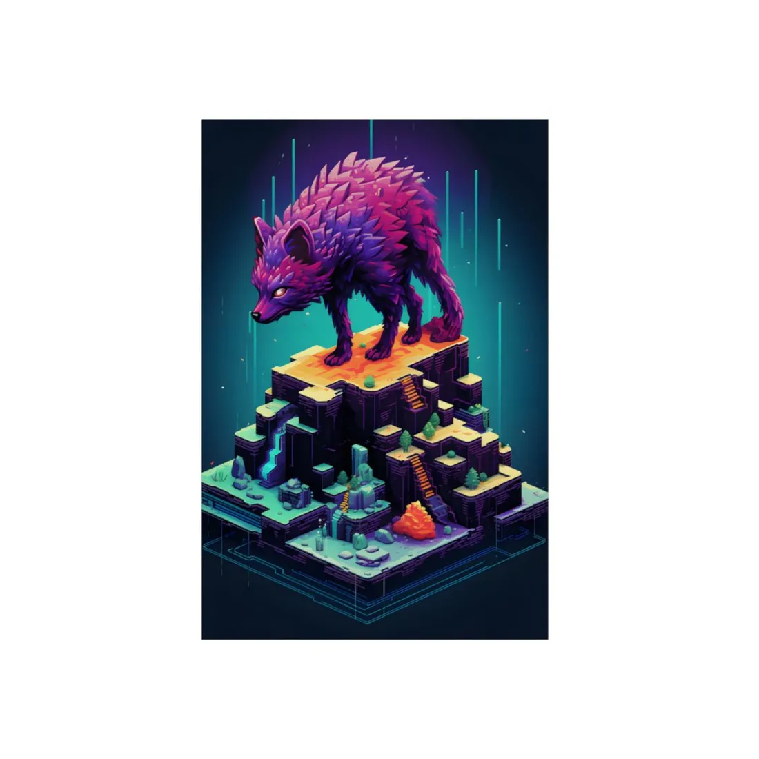 Pixel Wolf Guardian: Retro Creature on Block Stack - Metal Poster