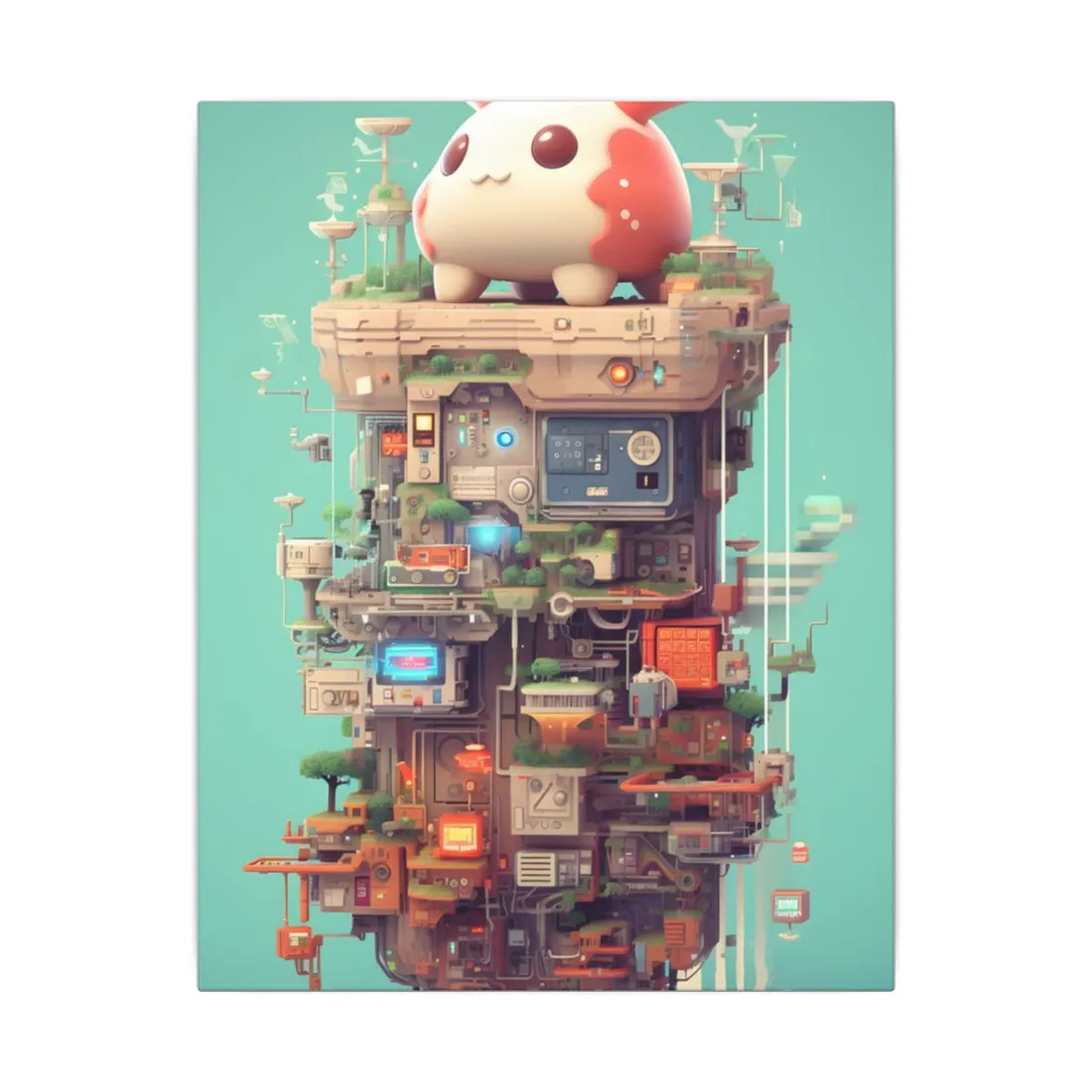 Pixelated Cyber-Pet Adventures: Whimsical Cat in Front of Computer - Canvas