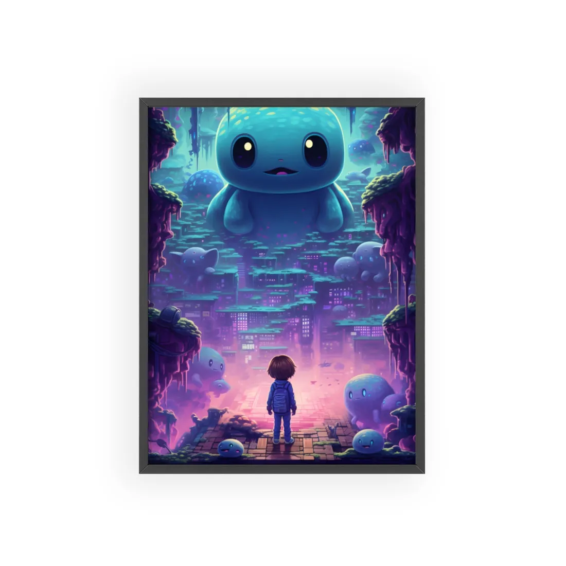 Pixelated Cyber-Pet: Digital Art in Colorful Pixels - Framed Poster