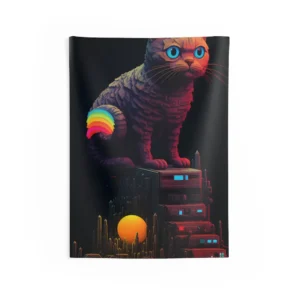 Pixel Cat Skyline Wall Tapestry