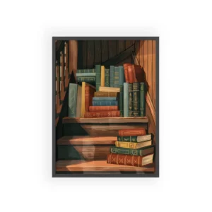 Stacked Books on Stairs Framed Poster