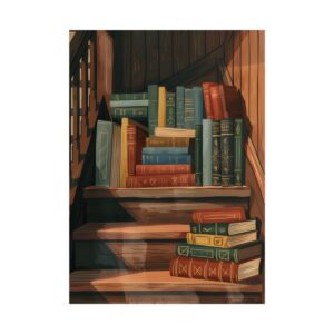 Stacked Books on Stairs Poster